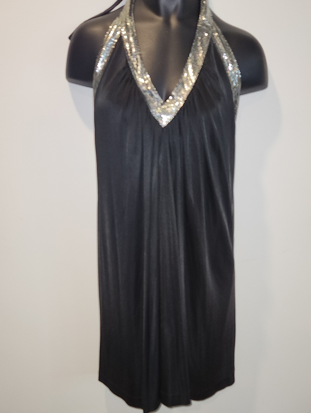 BCBG MaxAzria Black Halter Dress with Silver Metal Studded Trim